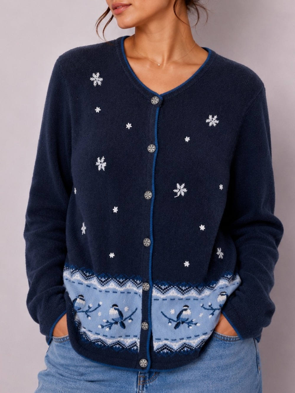 Vintage Northern Reflections Sweater Navy and Light Blue Snowflake Cardigan